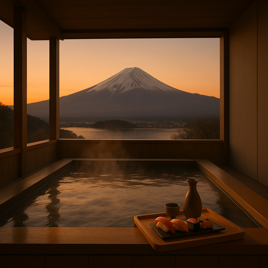 A serene luxury Japan travel scene a private openair onsen bath overlooking Mount Fuji at sunset with steam rising from the water A wooden tray with fine sake and artisanal sushi rests on the edge of the bath Elegant minimalist design soft warm light